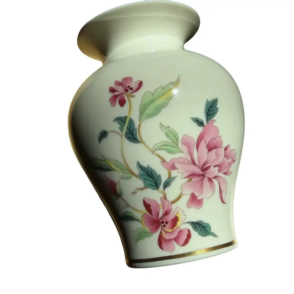 Lenox Vase Barrington Collection 1990s Floral White Pink Green Ceramic 5.75